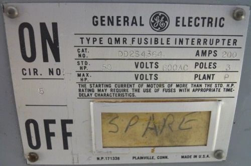 Ge dd2s4364 200 amp 600 v fusible panelboard switch qmr for sale