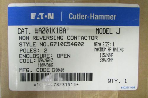 EATON  CUTLER HAMMER A201K1BA 27 AMP Size 1 2 Pole A200 Contactor 110/120 V Coil