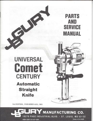 J B Gury Mfg, Comet Fabric/Cloth Cutter Original Parts &amp; Service Manual*MINT*
