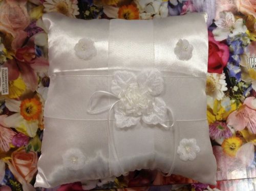 New White Satin Wedding Ring Cushion Bearer Pillow with Sash