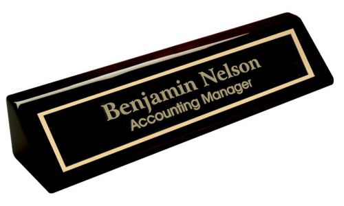 Personalized black piano finish name plate bar w/ gold trim office desk for sale