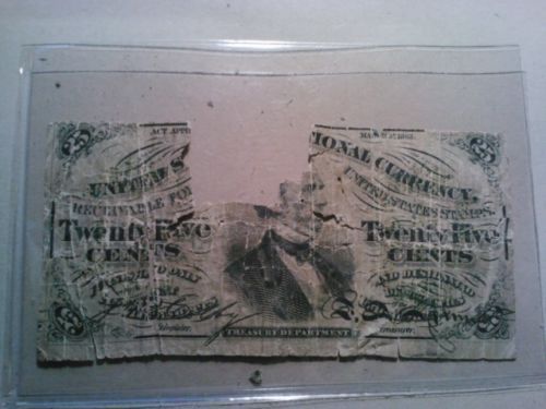 Civil War US 25cents dollar small size paper note large hole rare Fractional