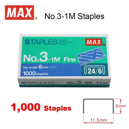 MAX No.3-1M Staples (6mm, 24/6), 1000&#039;s for Stapler
