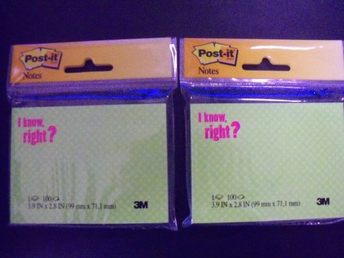 Post-it Notes,3.9 x 2.8 -inches, Green - I know right? - 2 packs/200 total *NEW