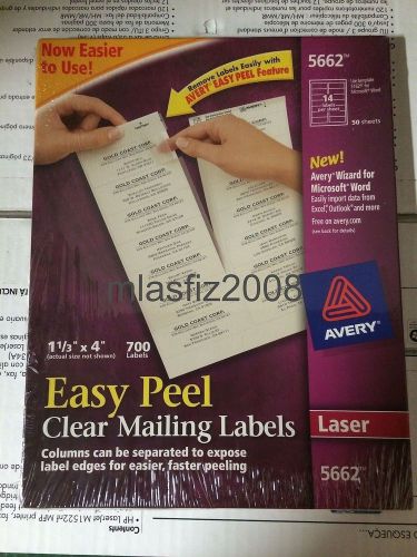 Avery 5662 Easy Peel Clear Mailing Labels 1 1/3&#034; x 4&#034;  700pc  NEW