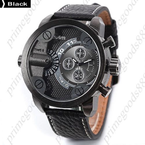 2 Time Zone Big Dial Quartz Analog Leather Men&#039;s Wristwatch Free Shipping Black