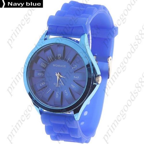 Round Case Quartz Wrist Watch Silicone Band Unisex in Navy Blue Free Shipping