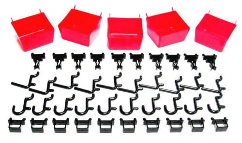 10 red plastic bins, 80 black peg hooks - garage pegboard storage - workbench for sale