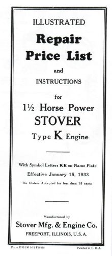 Stover Type K Gas Engine motor Manual book parts list hit miss wico ek magneto