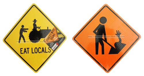2 Sided EAT LOCALS+GRAVE DIGGER Halloween Street Signs ORANGE+YELLOW New! 2/4