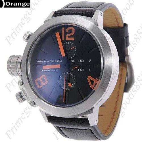 High End Silver Face Leather Quartz Sub Dials Date Men&#039;s Wrist Wristwatch Orange
