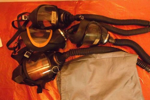 Lot Of 4 MSA SCBA Air Masks With Hose Firefighter Respirator Gear &amp; Carrying Bag