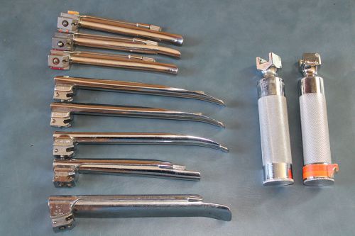 2 Vintage Surgical Laryngoscope Handles and 8 Blades