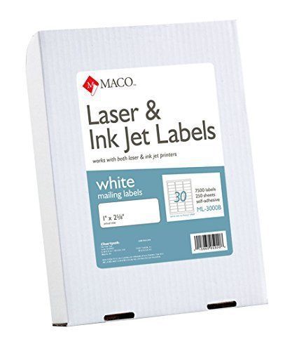 Maco MACO Laser/Ink Jet White Address Labels, 1 x 2-5/8 Inches, 30 Per Sheet,
