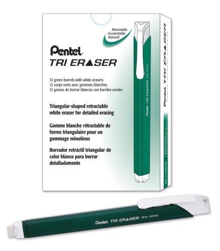 Pentel Tri Eraser Retractable Eraser, Metallic Green Barrel, Box of 12 (ZE15MD)