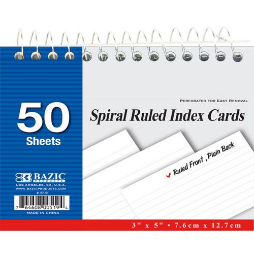 BAZIC 50 Ct. Spiral Bound 3&#034; X 5&#034; Ruled White Index Card  of-36