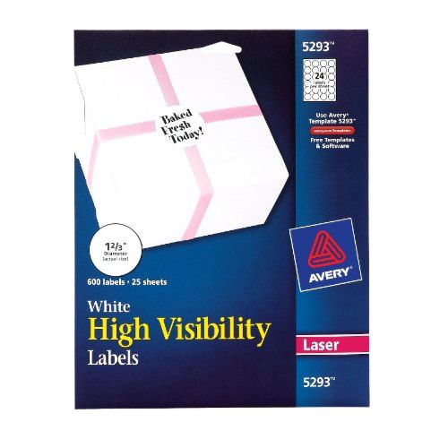 Avery High Visibility 1-2/3 Inch Diameter White Labels 600 Pack New