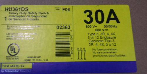 New in box square d hu361ds heavy duty safety switch 30amp 600vac 3p for sale