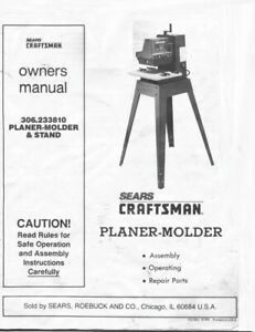Craftsman 306.233810 Planer-Molder &amp; Stand Owners Instruction Maintenance Manual