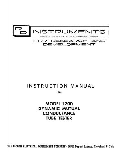 Hickok 1700 Dynamic Mutual Conductance Tube Tester Manual