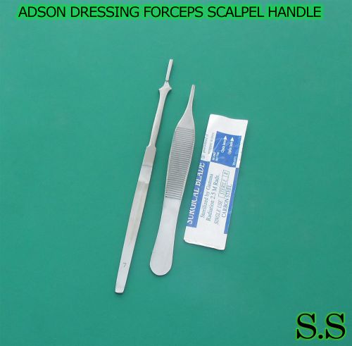 ADSON DRESSING FORCEPS SERRATED 4.75&#034;+SCALPEL HANDLE #7+5 SURGICAL BLADES #15