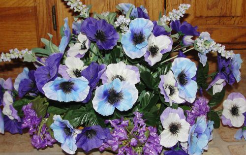 Lavender Blue Pansies Anemones Flower Centerpiece  Arrangement Wicker Basket
