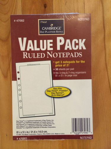 NEW &amp; SEALED 1995 CAMBRIDGE Day Planner Refill RULED NOTEPADS 8.5&#034;x5.5&#034; #47082
