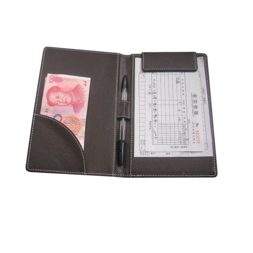 Business Travel Leather Cashier Clip Bill Folder File Holder with Pen Holder