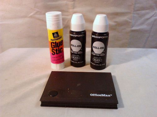 Sanford stamp pad and 2 roll on inker bottles black ink &amp; glue stick for sale