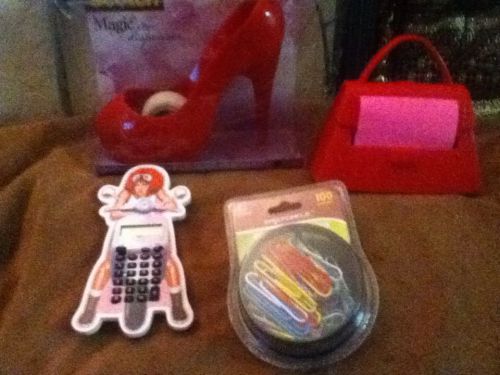 LOT OF 4 OFFICE SUPPLY ITEMS...TAPE DISPENSER, CALCULATOR, PAPER CLIPS , POST-IT