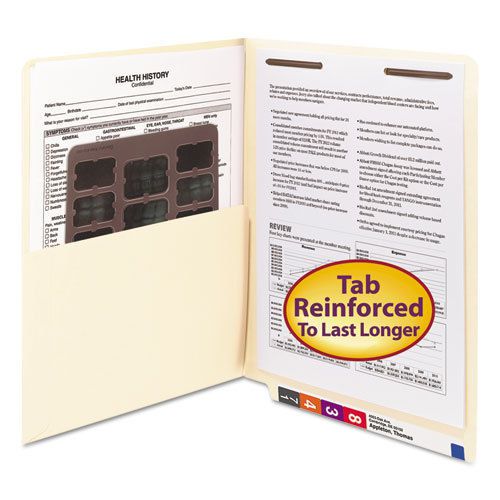 Reinforced end tab pocket folder, fastener, straight cut, letter, manila, 50/box for sale