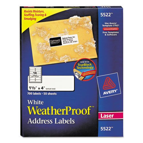 White Weatherproof Laser Shipping Labels, 1-1/3 x 4, 700/Pack