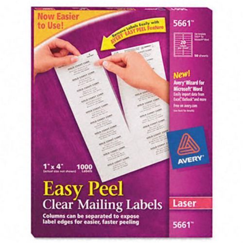 New ! Avery 5661 Clear Laser Address Labels with Easy Peel®, 1&#034; X 4&#034;, 1,000/Box