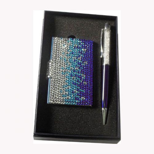 Crystal Business Card Case &amp; Stylus w/Crystal Stylus Pen Set W Gift Box(Blue)