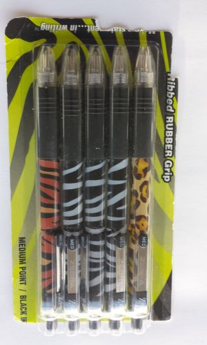 New Set of 5 &#034;Z-Grip&#034; medium point black ink pens.  Animal print barrels.