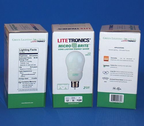 3 litetronics mb-801dl dimmable cfl 8-watt (40watt) light bulbs instant-on 2250k for sale