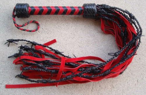 Black/Red Leather Flogger GATED BARBED WIRE CAT 9 TAILS - Horse Training Tool