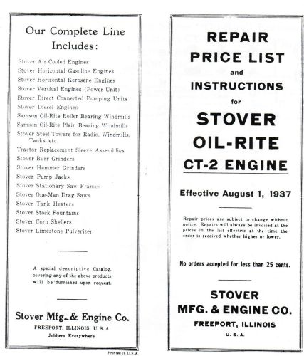 Stover CT-2 gas engine instruction book manual hit miss Wico EK motor parts list