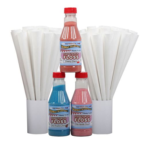 Flufftastic 3 Flavor Party Pack Premium Cotton Candy Floss w/50 Cones, Pint