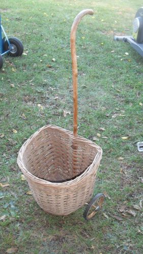 Vintage French Style Wicker Market Basket - Rolling Shopping Cart - Cane Handle
