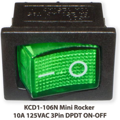 (20 PCs) KCD1-106N Mini Rocker GREEN With Lamp 10A 125VAC 3Pin SPST ON-OFF Boat