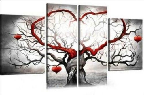 Hot Handcraft Modern oil painting on canvas Red heart-shaped tree 4P+framed