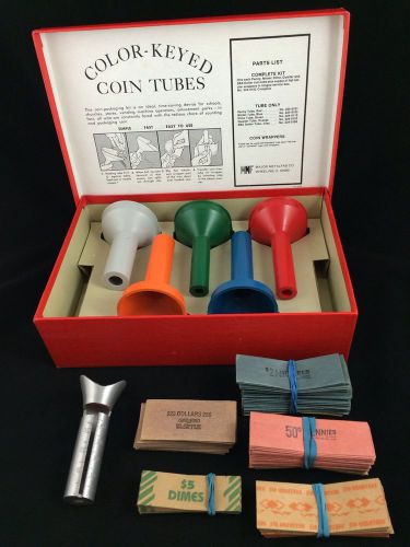 Vintage 60s Major Metalfab Co. COLOR KEYED COIN TUBES w/ coin wrappers in box