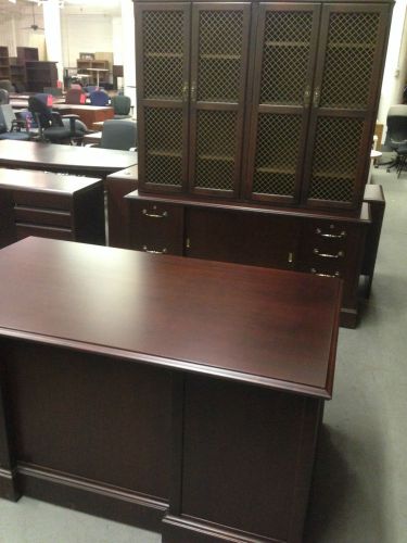 Executive set desk credenza &amp; hutch by alma desk co in mahogany color wood for sale