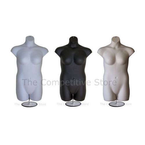 3 Female Plus Size Black + White + Flesh Mannequin Forms With Base - For 1X - 2X