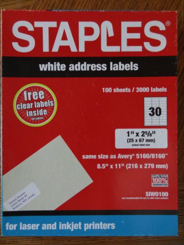 Staples White Address Labels 1&#034; x 2-5/8&#034;  2760 labels 92 sheets laser/inkjet