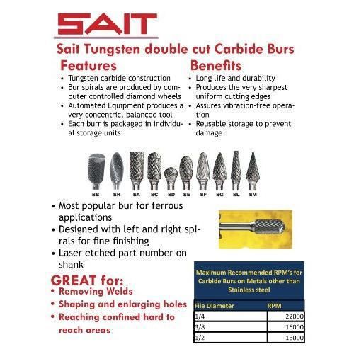 Sait 45155 tungsten carbide heavy duty die grinder bur sl3 3/8&#034; x 1-1/16&#034; x new for sale