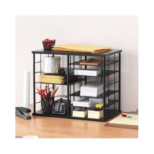 Desktop Organizer Desk Storage Black Metal Wood Top Files Supplies Adjustable