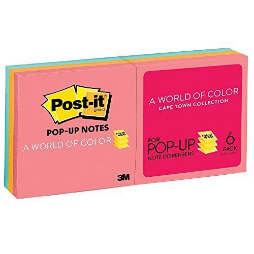 Post-it Pop-up Notes, 3 in x 3 in, Cape Town Collection, 6 Pads/Pack (R330-AN)