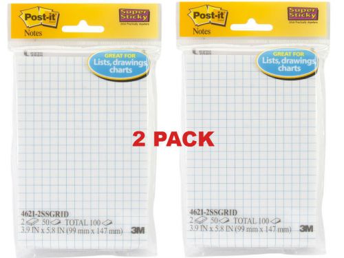 Post-it Super Sticky Notes, 4x6&#034;, White with Blue Grid, 2 Packs of 2-Pads/Pack